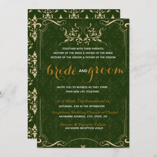 Elegant Gold Pattern in Emerald BG Wedding Kaart (Voorkant / Achterkant)