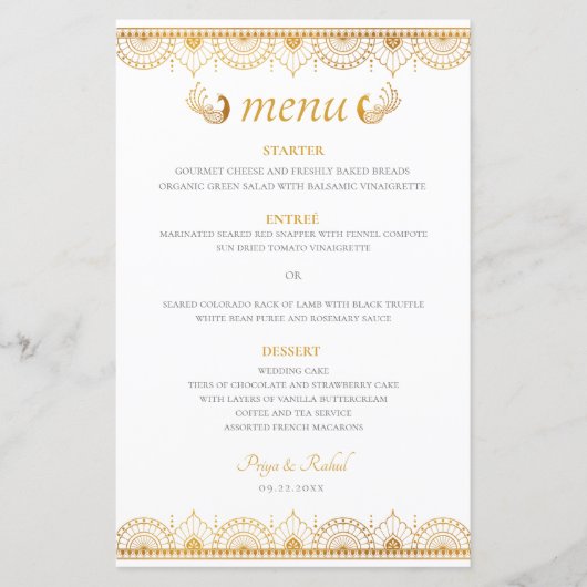 Elegant Gold Pattern Indian Wedding Menu (Voorkant)