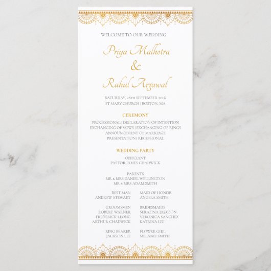 Elegant Gold Pattern Indian Wedding Programmakaart (Voorkant)