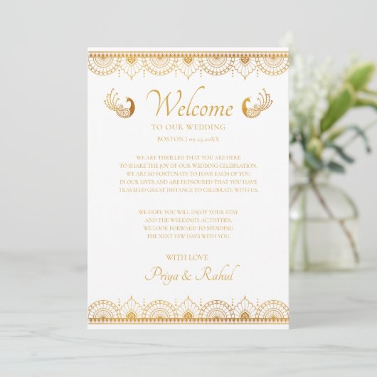 Elegant Gold Pattern Indian Wedding Welcome Note Kaart (Staand voorkant)
