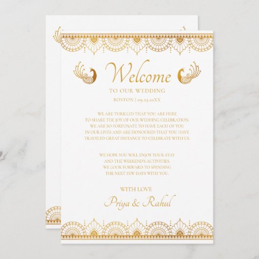 Elegant Gold Pattern Indian Wedding Welcome Note Kaart (Voorkant / Achterkant)