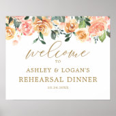 Elegant Gold Peach Floral Rehearsal Dinner Welcome Poster (Voorkant)