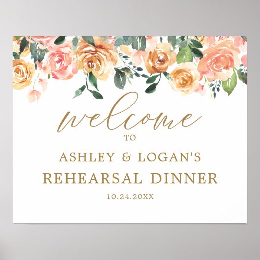 Elegant Gold Peach Floral Rehearsal Dinner Welcome Poster (Voorkant)