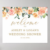Elegant Gold Peach Floral Wedding Shower Welkom Poster (Voorkant)