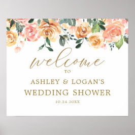 Elegant Gold Peach Floral Wedding Shower Welkom Poster