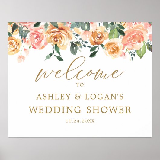 Elegant Gold Peach Floral Wedding Shower Welkom Poster (Voorkant)