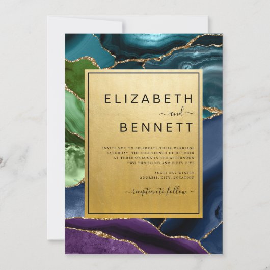 Elegant Gold Peacock Agate Wedding Invitation Kaart (Voorkant)