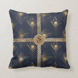 Elegant Gold Peacock Blue Monogram Bling Glam Kussen