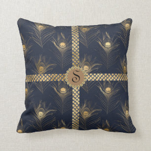 Elegant Gold Peacock Blue Monogram Bling Glam Kussen