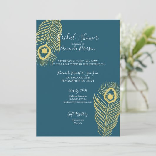 Elegant Gold Peacock Bridal Shower Invitations Kaart (Staand voorkant)