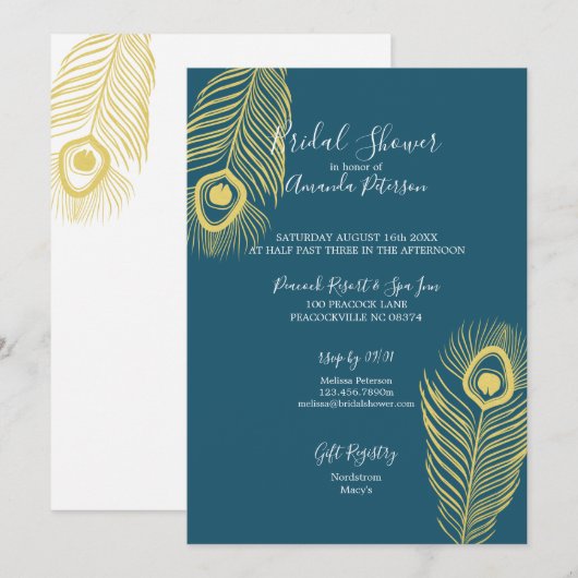 Elegant Gold Peacock Bridal Shower Invitations Kaart (Voorkant / Achterkant)
