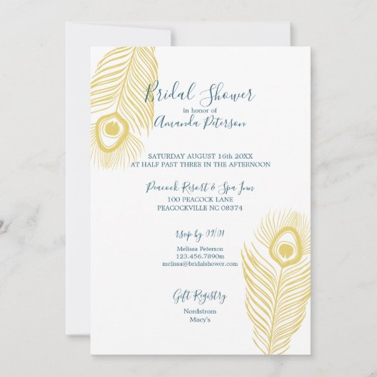 Elegant Gold Peacock Bridal Shower Invitations Kaart (Voorkant)