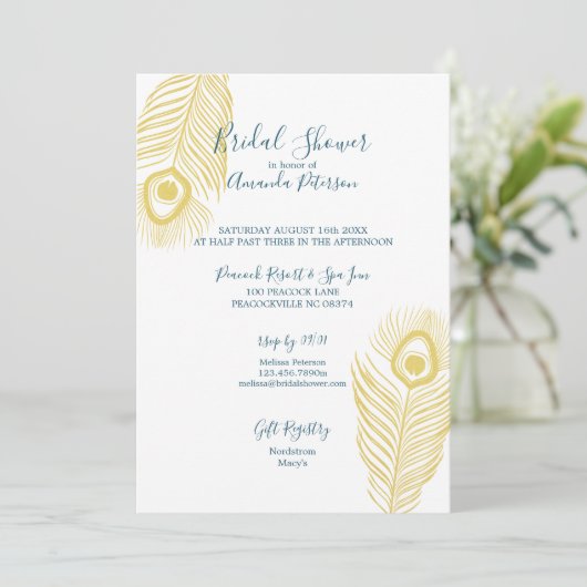 Elegant Gold Peacock Bridal Shower Invitations Kaart (Staand voorkant)