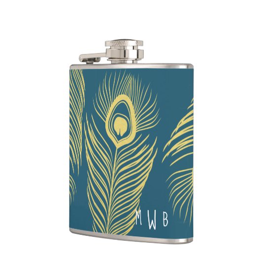 Elegant Gold Peacock Feathers Monogram Fles Heupfles (Links)