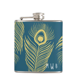 Elegant Gold Peacock Feathers Monogram Fles Heupfles