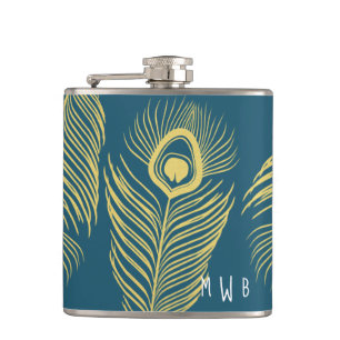 Elegant Gold Peacock Feathers Monogram Fles Heupfles