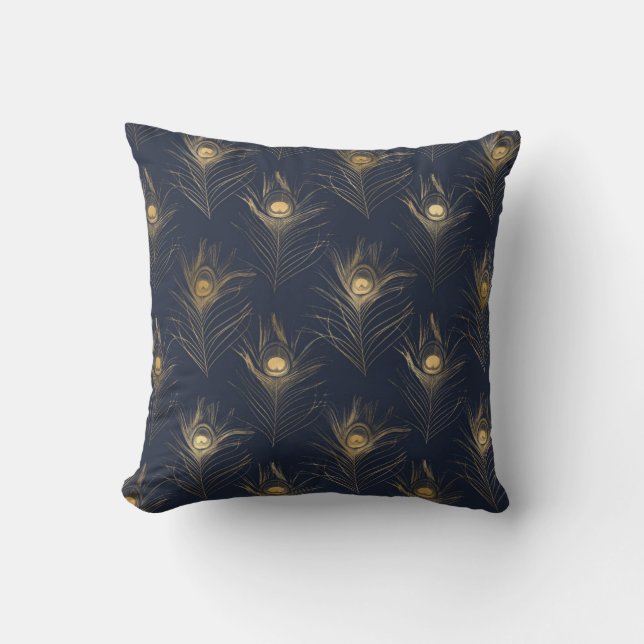 Elegant Gold Peacock Navy Blue Print Stylish Kussen (Voorkant)