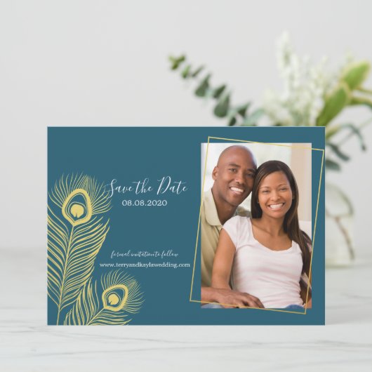 Elegant Gold Peacock Save the Date Wedding (Staand voorkant)