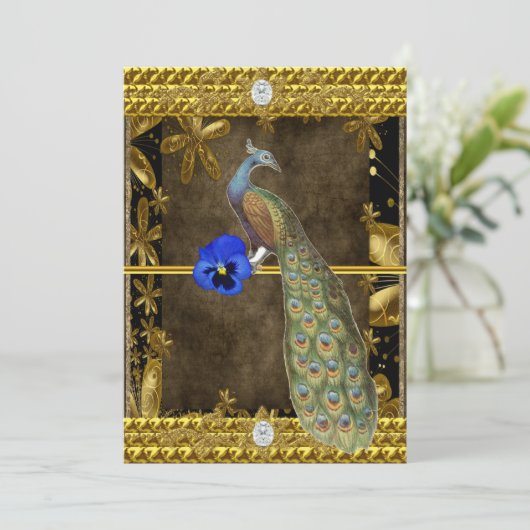 Elegant Gold Peacock Uitnodiging (Staand voorkant)