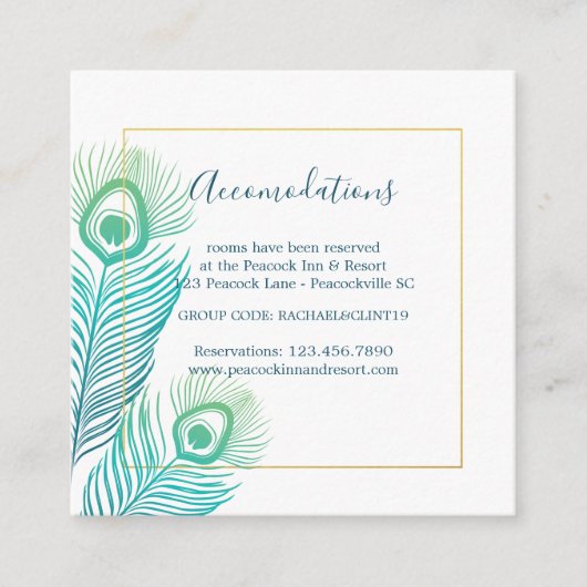 Elegant Gold Peacock Wedding Hotel Accommodaties Informatiekaartje (Voorkant)