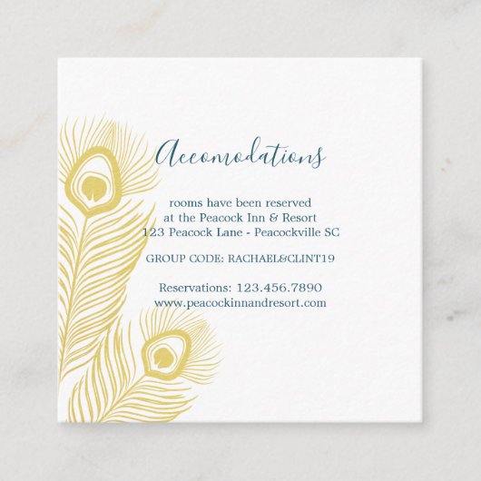 Elegant Gold Peacock Wedding Hotel Accommodaties Informatiekaartje (Voorkant)