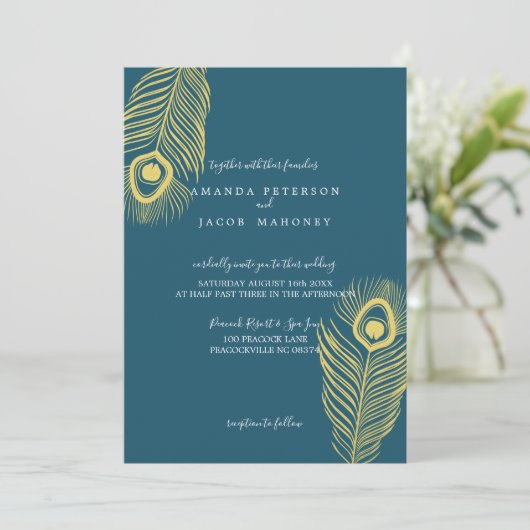 Elegant Gold Peacock Wedding Invitations Kaart (Staand voorkant)
