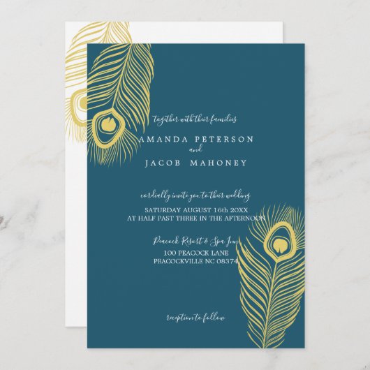 Elegant Gold Peacock Wedding Invitations Kaart (Voorkant / Achterkant)