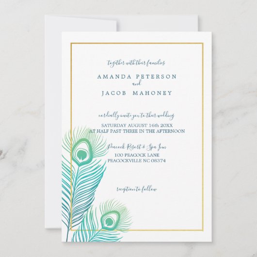 Elegant Gold Peacock Wedding Invitations Kaart (Voorkant)