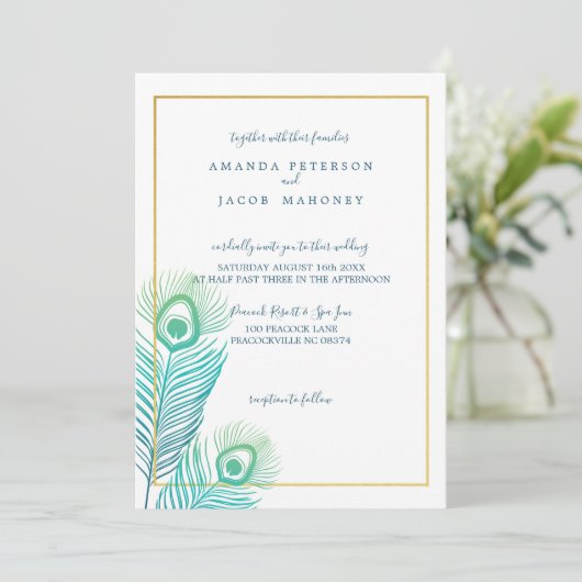Elegant Gold Peacock Wedding Invitations Kaart (Staand voorkant)