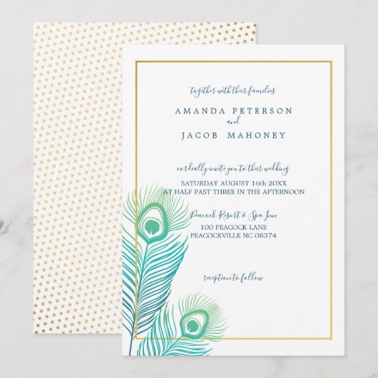 Elegant Gold Peacock Wedding Invitations Kaart (Voorkant / Achterkant)