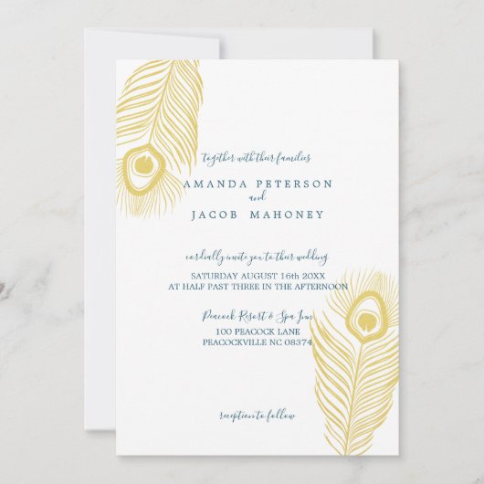 Elegant Gold Peacock Wedding Invitations Kaart (Voorkant)