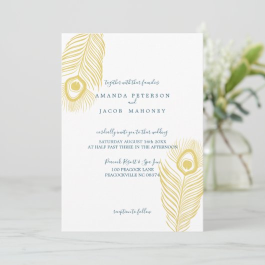 Elegant Gold Peacock Wedding Invitations Kaart (Staand voorkant)