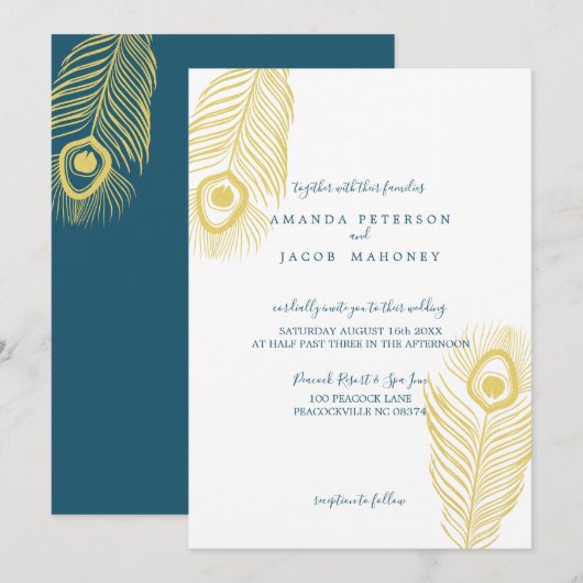 Elegant Gold Peacock Wedding Invitations Kaart (Voorkant / Achterkant)