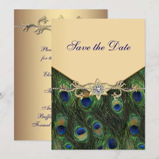 Elegant Gold Peacock Wedding Invitations Save The Date (Voorkant / Achterkant)