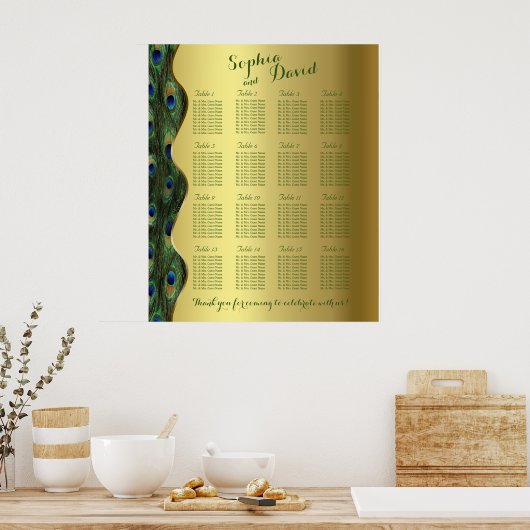 Elegant Gold Peacock Wedding Seding Chart Poster (Keuken)