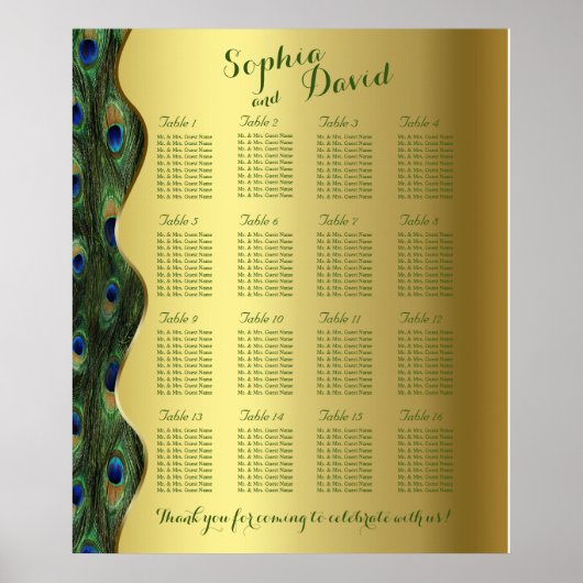 Elegant Gold Peacock Wedding Seding Chart Poster