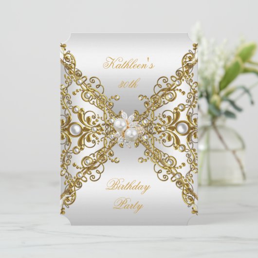 Elegant Gold Pearl Jewel Silver Birthday Party Kaart (Staand voorkant)