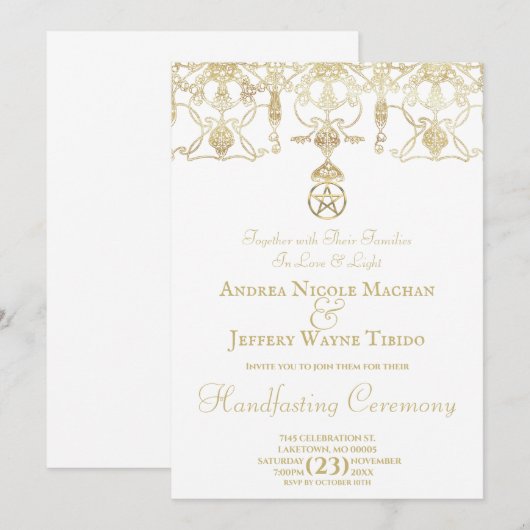 Elegant Gold Pentacle Handfasting Invitation (Voorkant / Achterkant)