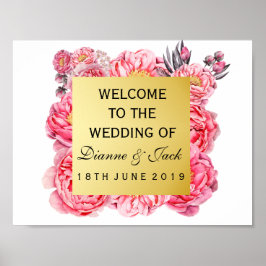 Elegant Gold & Peonies Floral Wedding Welcome Sign Poster