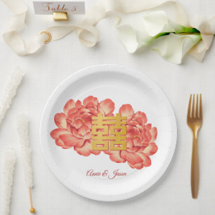 Elegant Gold Peony Chinese Wedding Papieren Bordje