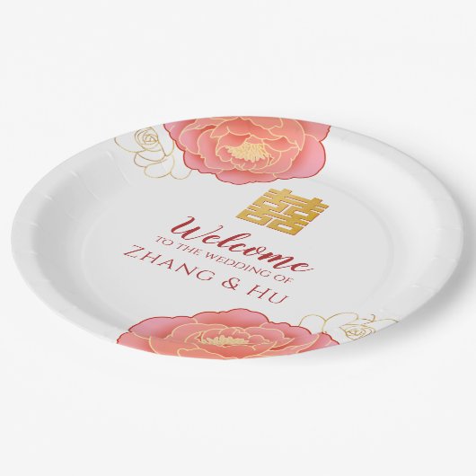Elegant Gold Peony Chinese Wedding Papieren Bordje (Gekanteld)