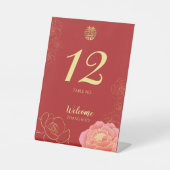 Elegant Gold Peony Chinese Wedding Table Reclamebord Met Voetstuk (Voorkant)