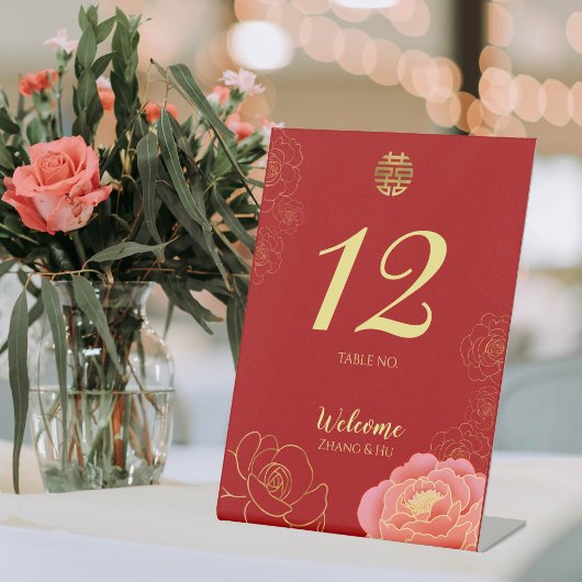 Elegant Gold Peony Chinese Wedding Table Reclamebord Met Voetstuk