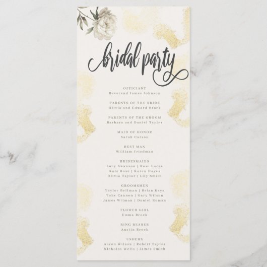 Elegant Gold Peony Floral Wedding Programmakaart (Achterkant)