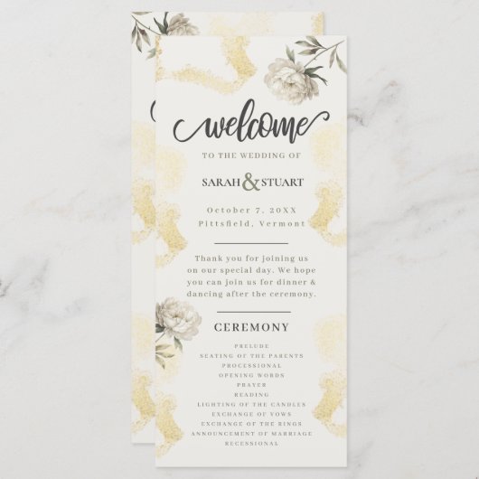 Elegant Gold Peony Floral Wedding Programmakaart (Voorkant / Achterkant)