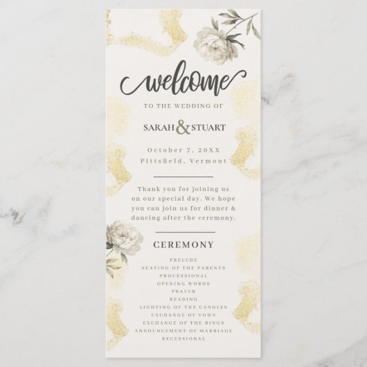 Elegant Gold Peony Floral Wedding Programmakaart (Voorkant)