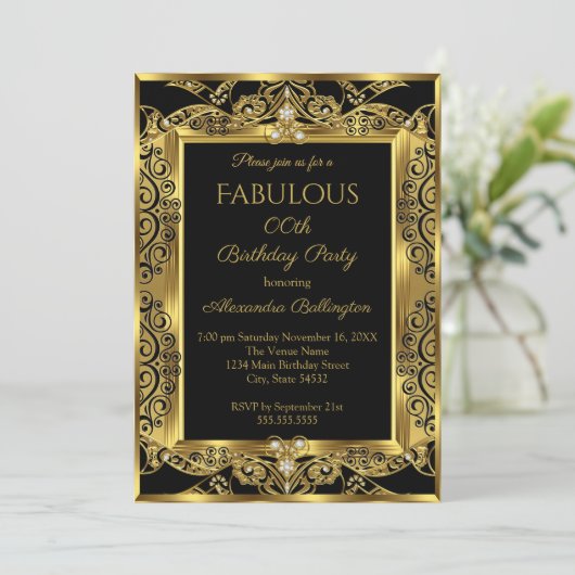 Elegant Gold Photo Birthday Party Black Damask Kaart (Staand voorkant)