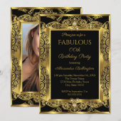Elegant Gold Photo Birthday Party Black Damask Kaart (Voorkant / Achterkant)