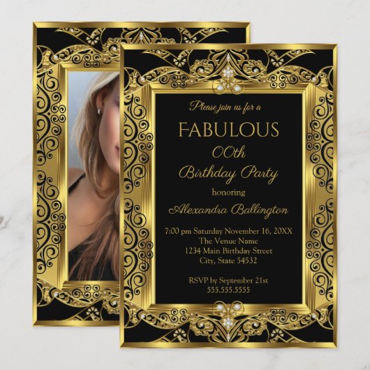 Elegant Gold Photo Birthday Party Black Damask Kaart (Voorkant / Achterkant)