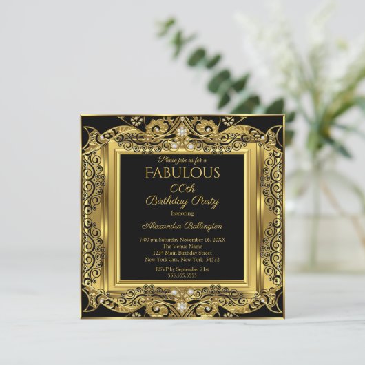 Elegant Gold Photo Birthday Party Black Damask SQ Kaart (Staand voorkant)